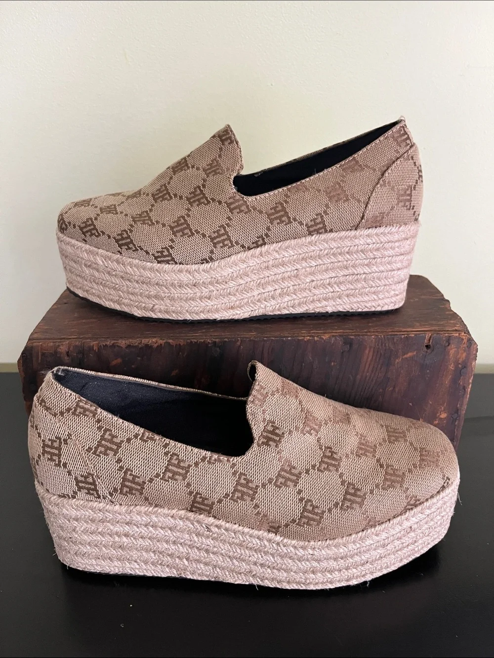 Unbranded Beige Patterned Platform Espadrille Slip-On Shoes